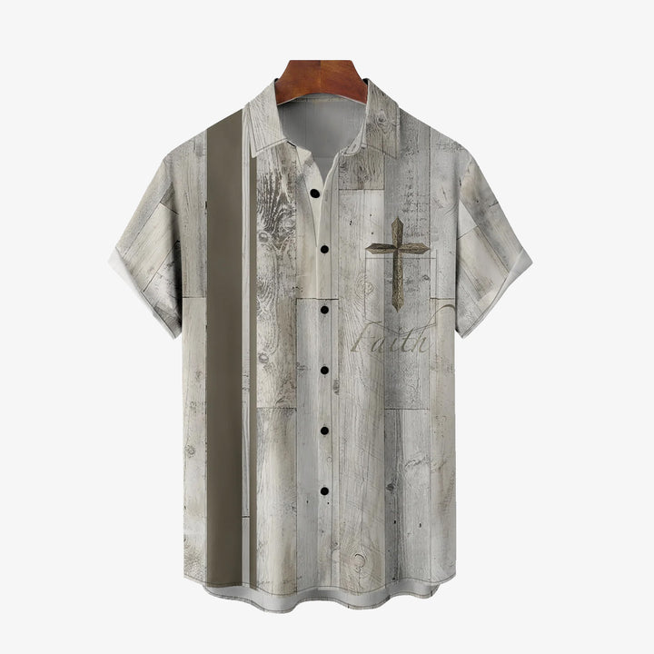 Faith Cross Print Oversized Cotton and Linen Short Sleeve Shirt
