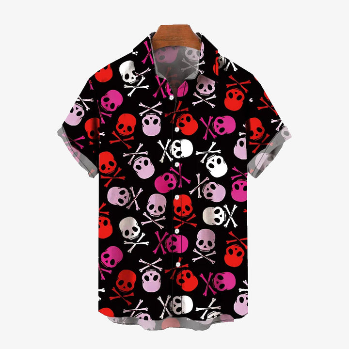 Pink Skull Print Oversized Bamboo Linen Short Sleeve Shirt