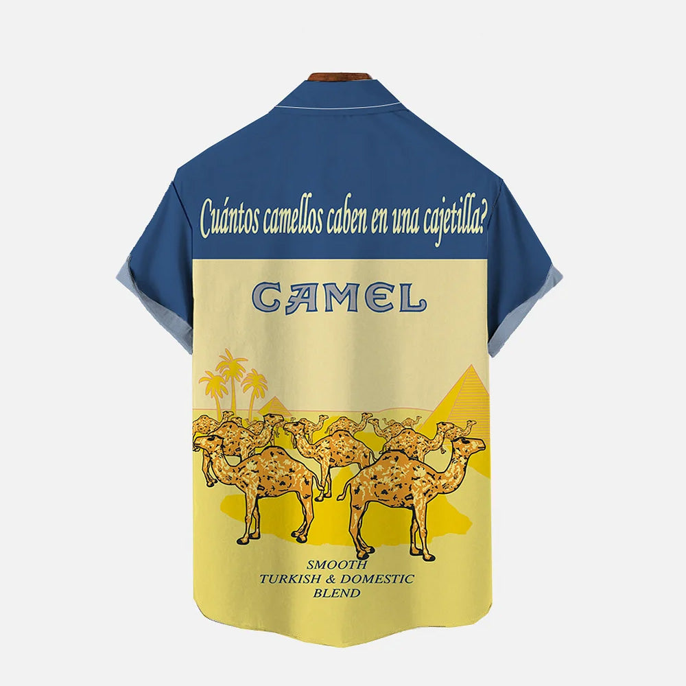 Navy And Yellow Stitching Camel Printing Short Sleeve Shirt