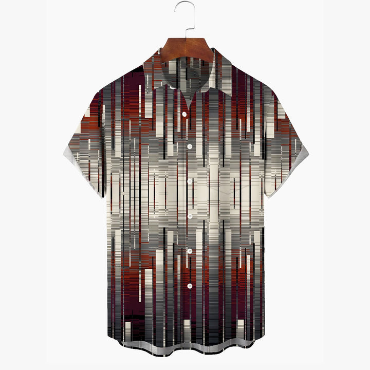 Vintage Geometric Texture 3D Print Chest Pocket Bowling Shirt