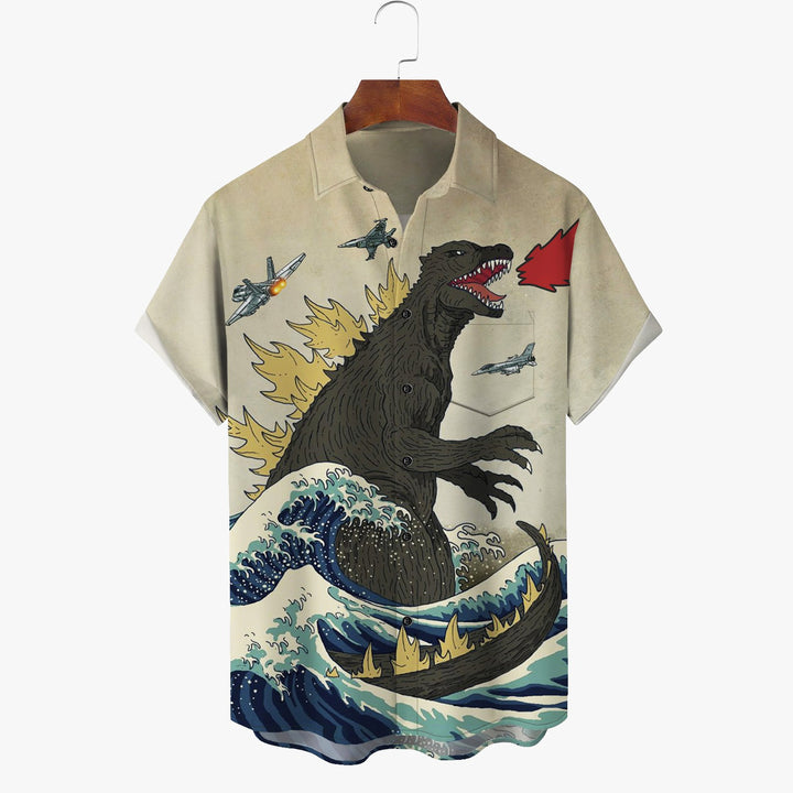 Vintage Ukiyo-e Dinosaur Khaki Men's Button Pocket Short Sleeve Shirt