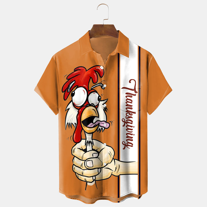 Thanksgiving Turkey Print Bowling Short Sleeve Shirt Large Size