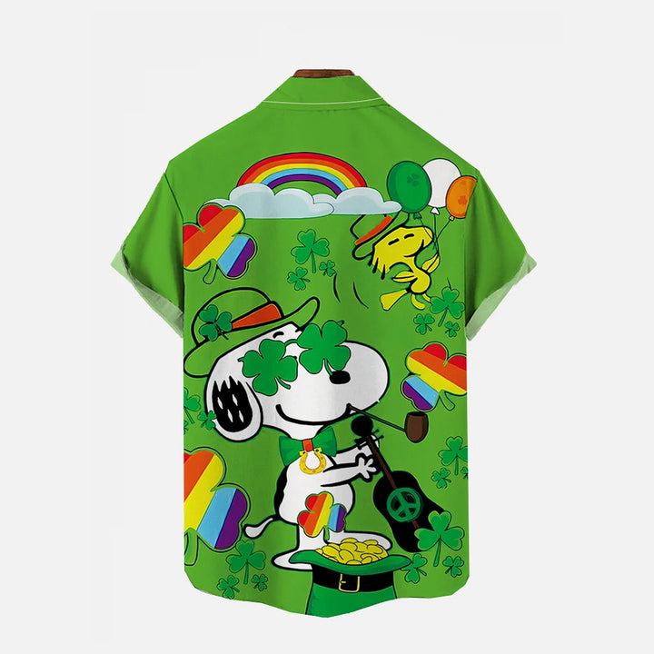 Green Clover Cartoon Dog St. Patrick's Day Print Short Sleeve Shirt