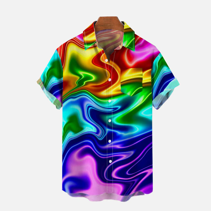 Neon Metallic Rainbow Background Print Chest Pocket Short Sleeve Shirt