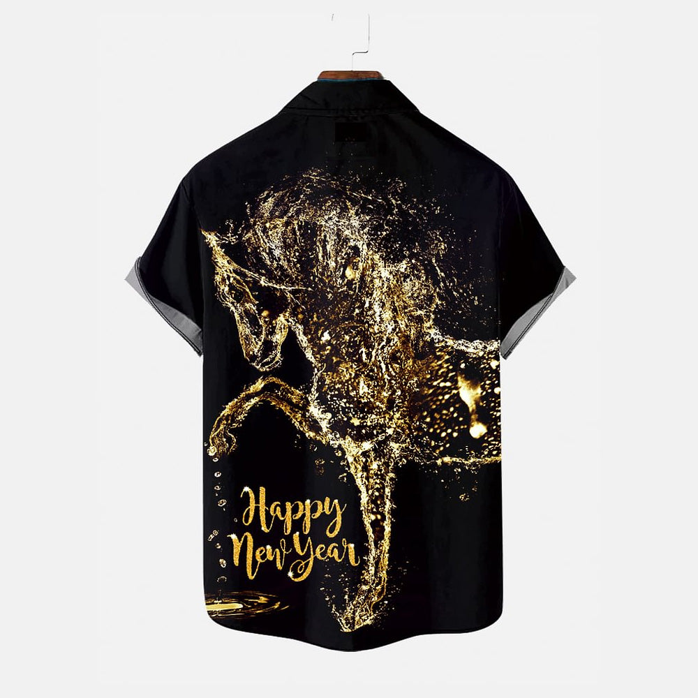 Happy New Year Golden Horse Print Short Sleeve Shirt