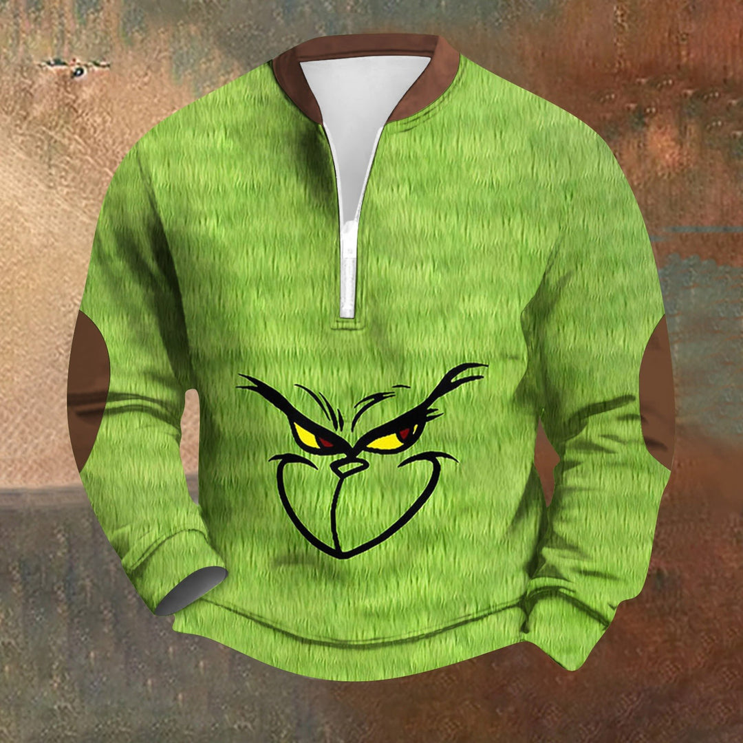 Christmas Cartoon Green Monster Zipper Neck Casual Sweatshirt