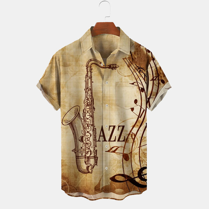 Men's Vintage Jazz Saxophone Note Art Chest Pocket Shirt