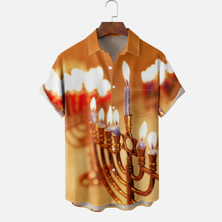 Hanukkah Menorah Candle Chest Pocket Casual Shirt