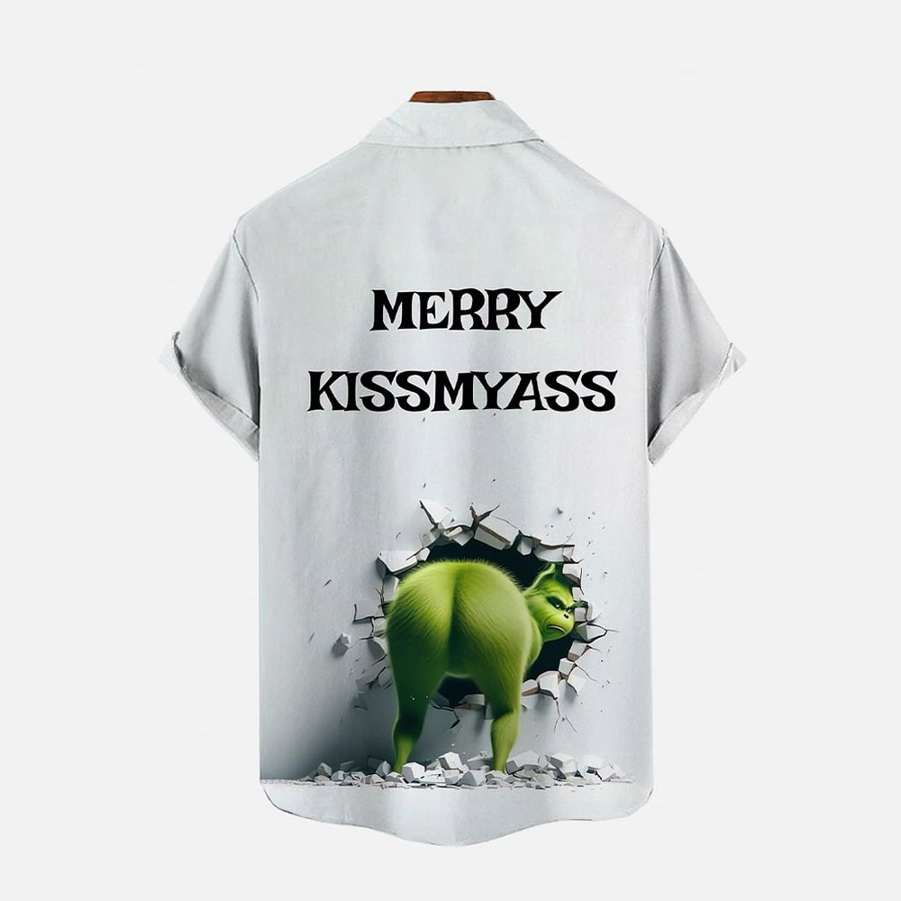 Merry Kissmyass Funny Christmas Green Hairy Monster Printing Short Sleeve Shirt