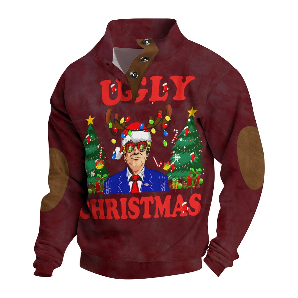 Men's Button Christmas Trump Antlers Lights Printed Casual Long Sleeve Sweatshirt 2411003814