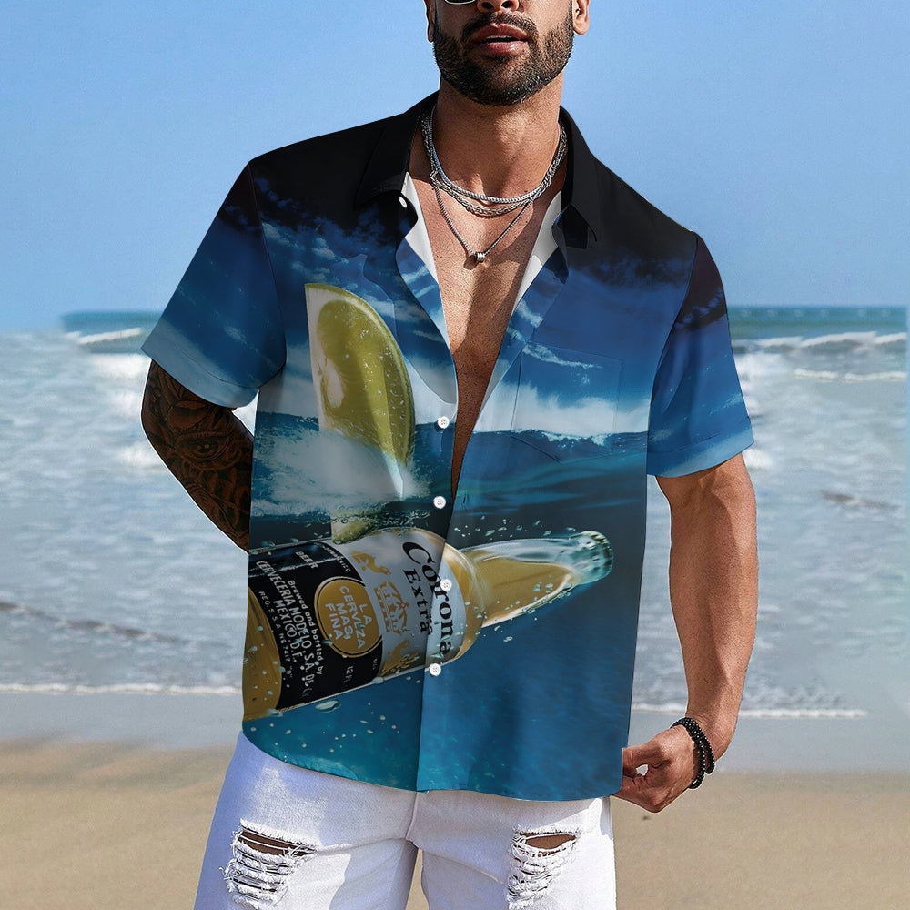 Beer Surf Print Casual Oversized Short Sleeve Shirt 2406003489