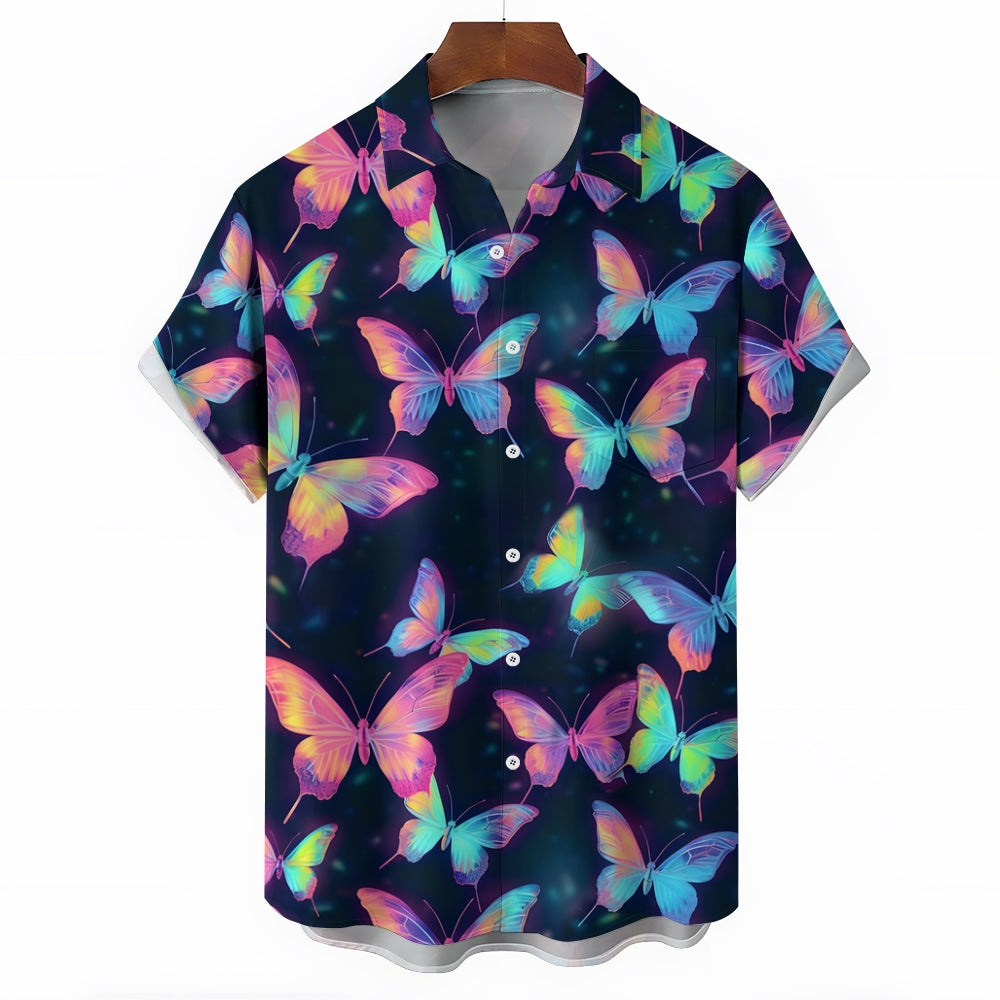 Glowing Colorful Butterfly Print Casual Short Sleeve Shirt 2408006970