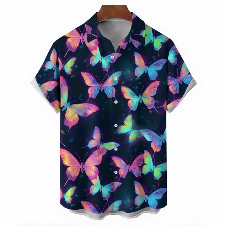 Glowing Colorful Butterfly Print Casual Short Sleeve Shirt 2408006970