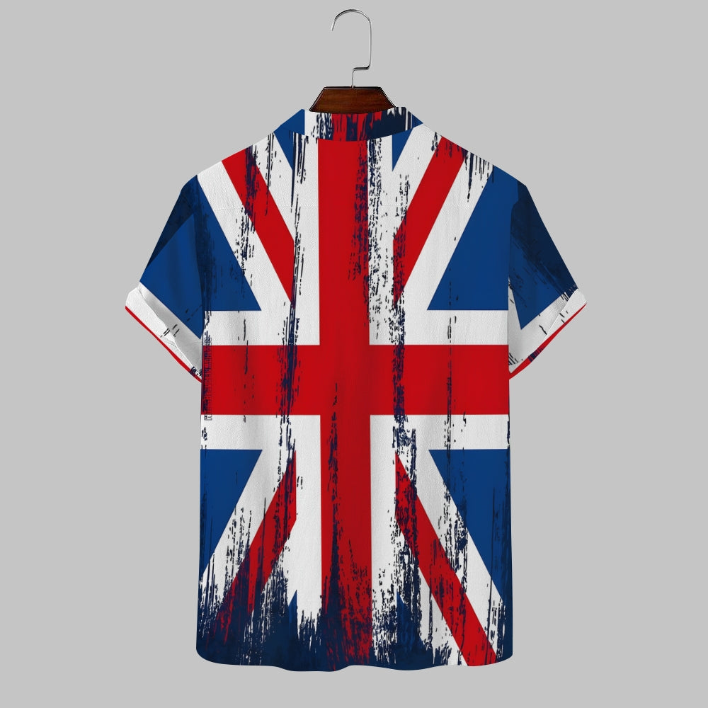 Flag Print Stand Collar Short Sleeve Shirt 2408007152