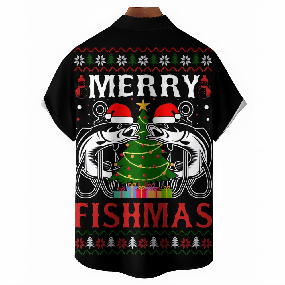 Merry Christmas Fishing Lovers Print Short Sleeve Shirt 2411007854