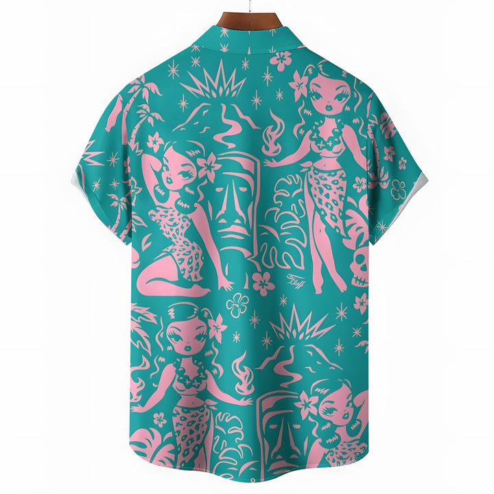 Tiki Art Print Casual Short Sleeve Shirt 2403000524