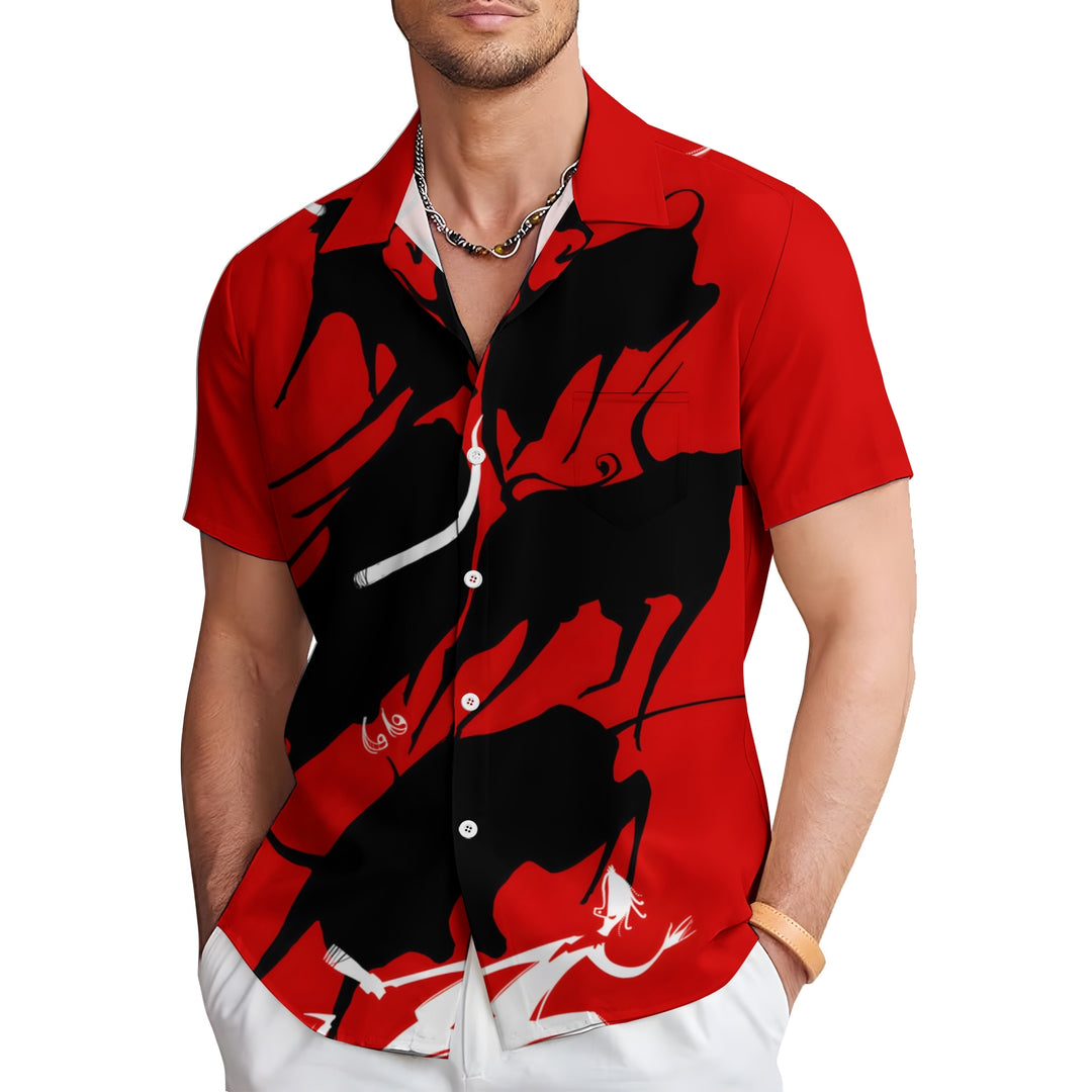 Bullfighting Theme Running Of The Bulls Festival Casual Short Sleeve Shirt 2403000789