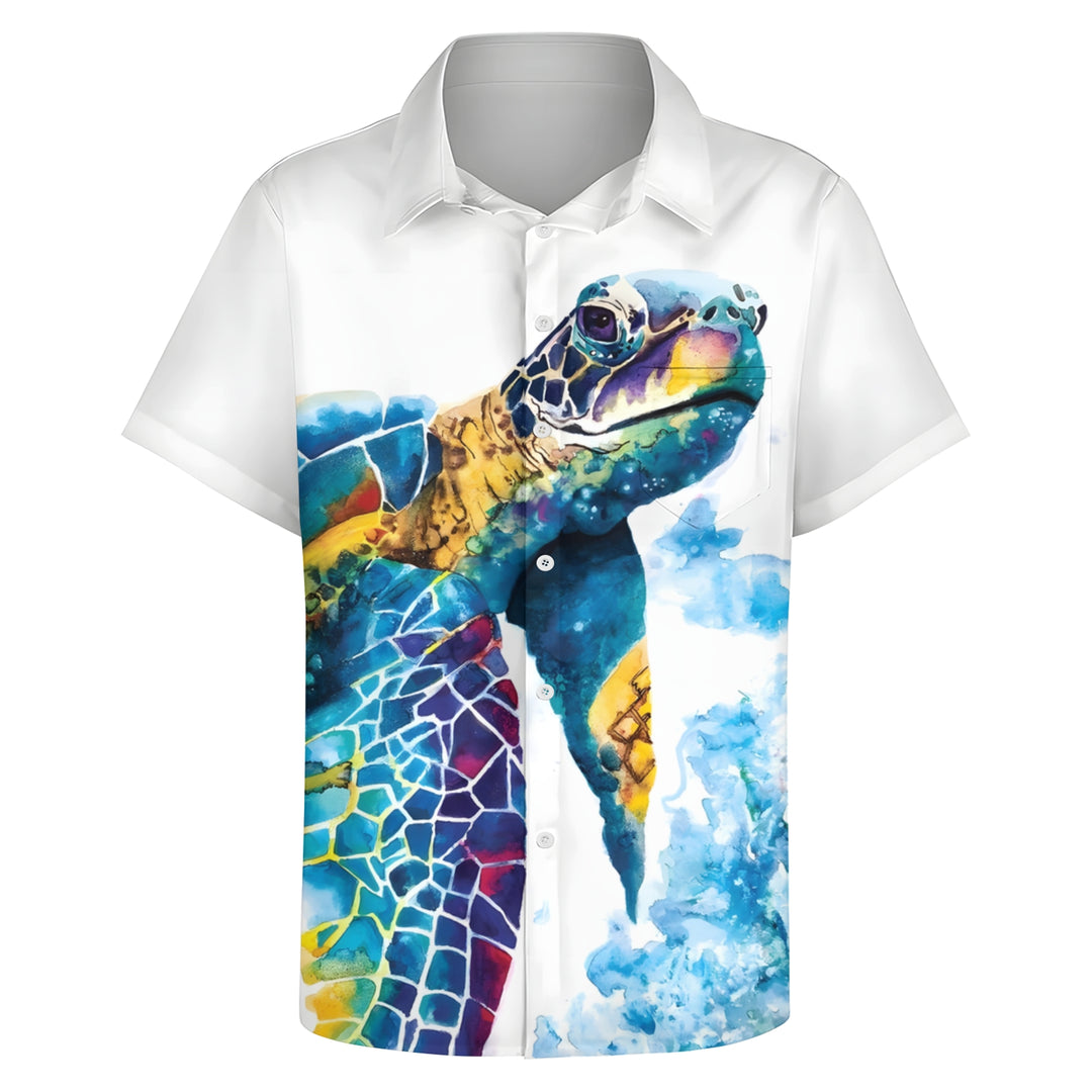 Men's Watercolor Art Turtle Casual Short Sleeve Shirt 2403000810