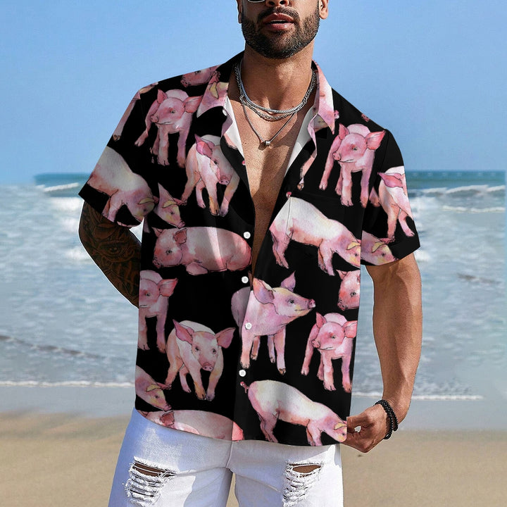 Watercolor Piglet Print Casual Oversized Short Sleeve Shirt 2407005423