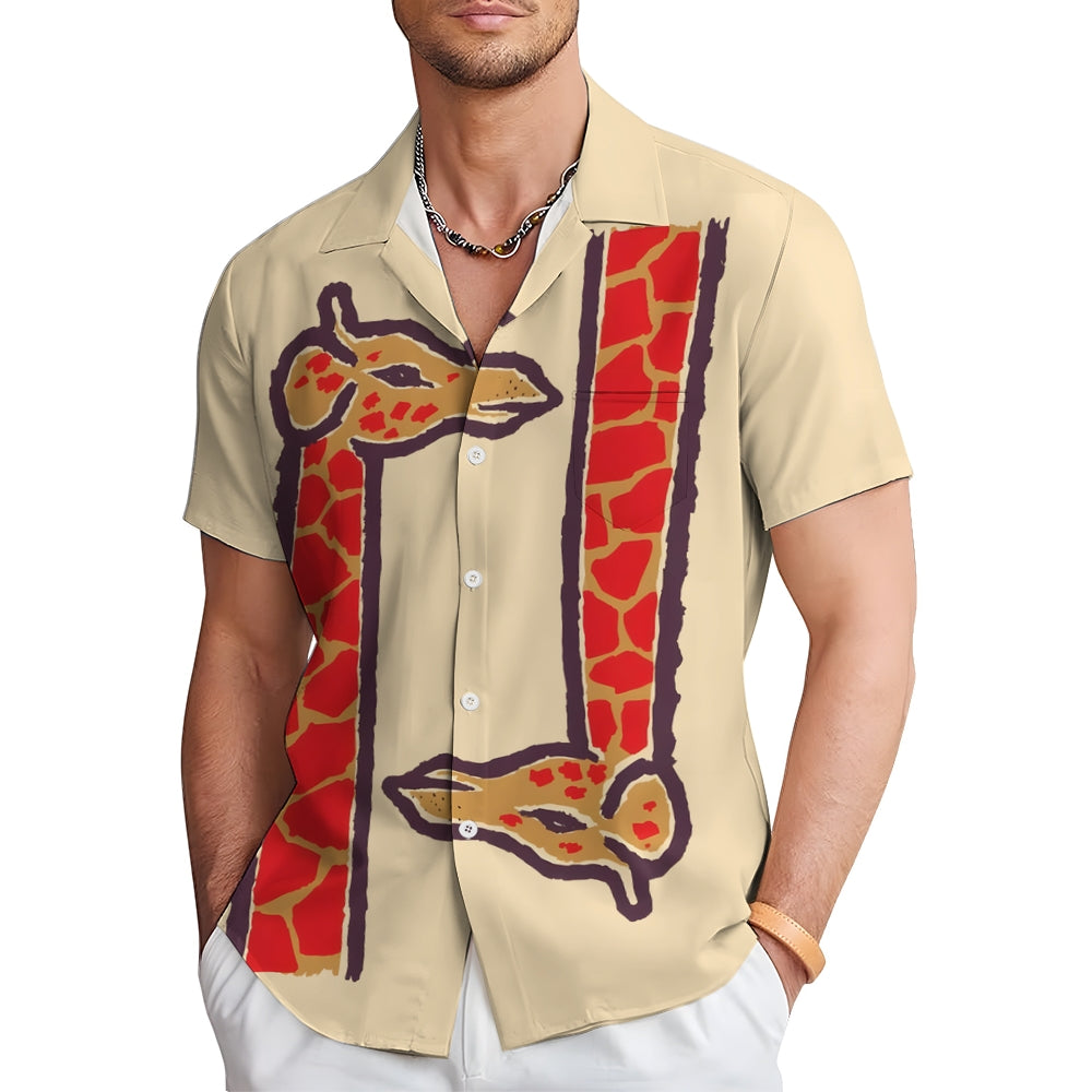 Upside-Down Giraffe Print Chest Pocket Short Sleeve Shirt 2411006001