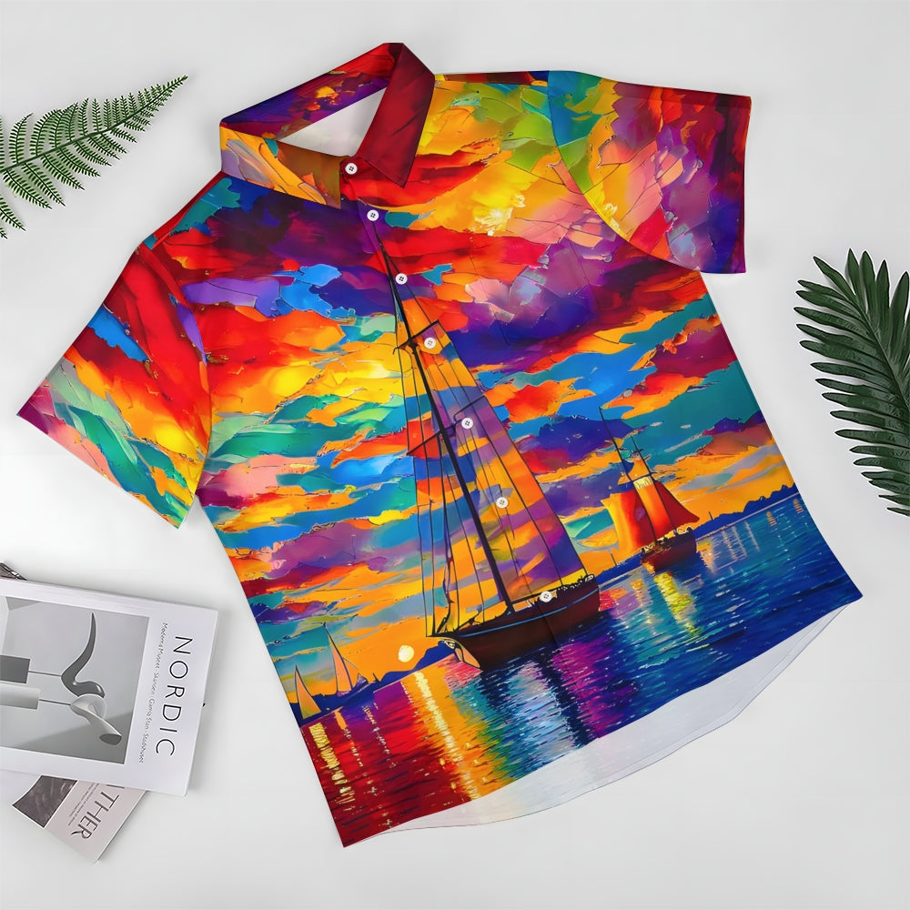 Colorful Sailboat Oil Painting Art Print Short Sleeve Shirt 2408007006