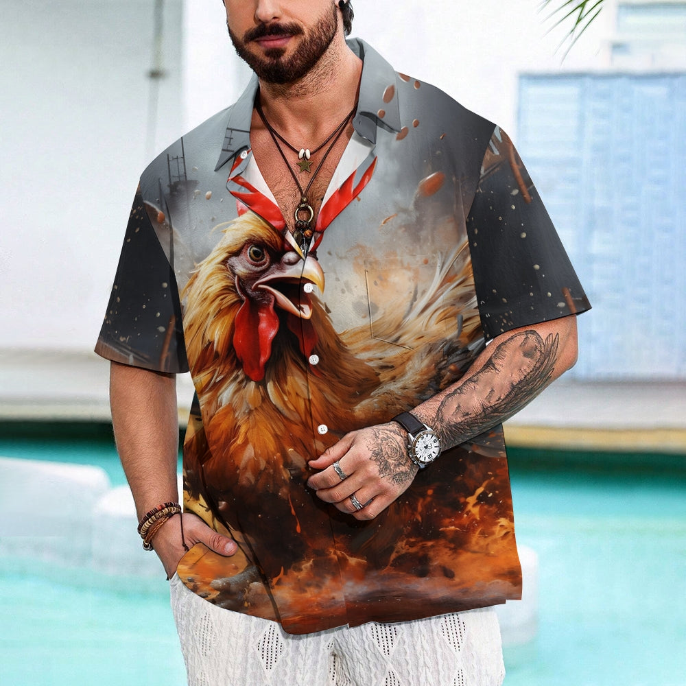 Rooster Print Casual Short Sleeve Shirt 2405001041