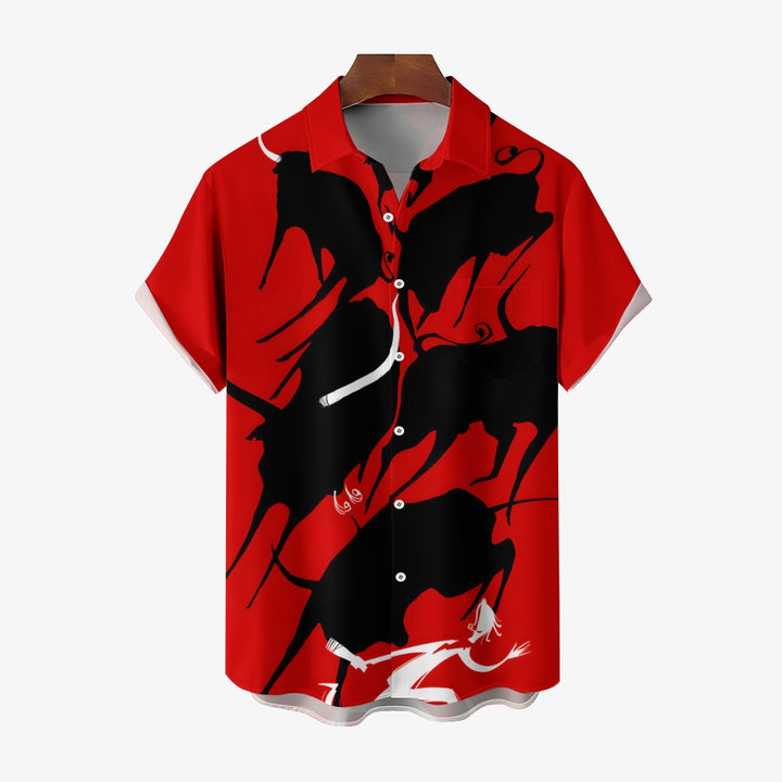 Bullfighting Theme Running Of The Bulls Festival Casual Short Sleeve Shirt 2403000789