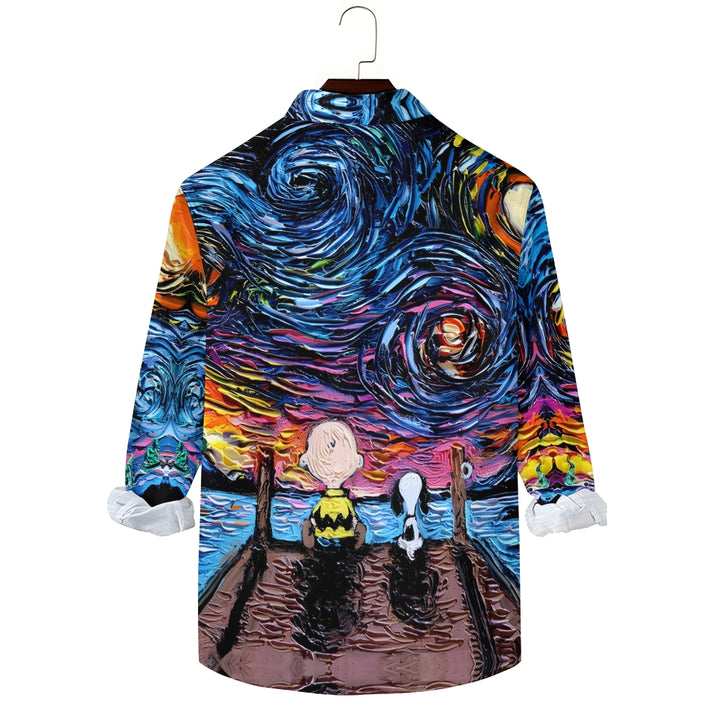 Starry Sky Cartoon Character Casual Printed Long Sleeve Shirt