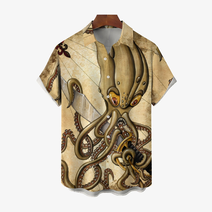 Sea Monster and Knife Print Casual Short Sleeve Shirt 2412005911