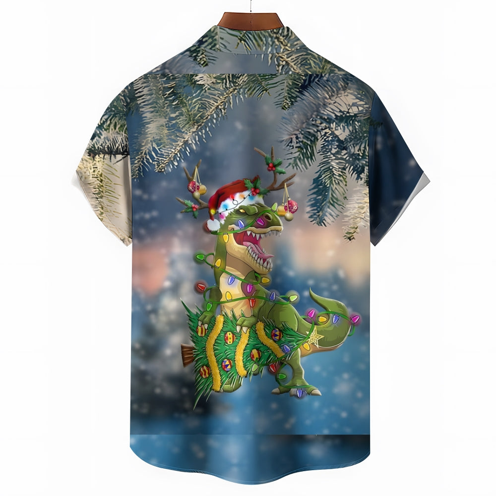 Dinosaur Christmas Colored Lights Casual Short Sleeve Shirt 2408007697