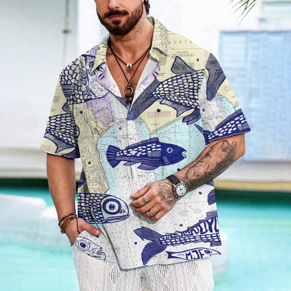 Map Fish Print Linen Short-Sleeved Shirt 2409009637