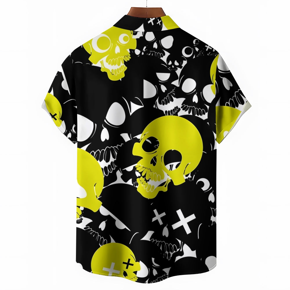 Skull Contrast Print Chest Pocket Short Sleeve Shirt 2411006340