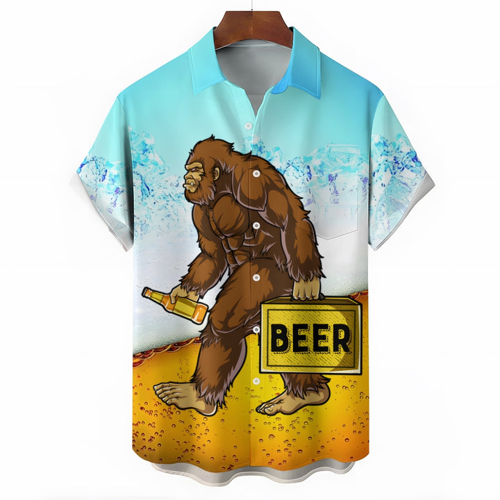Beer Bigfoot Print Casual Oversized Short Sleeve Shirt 2406003451