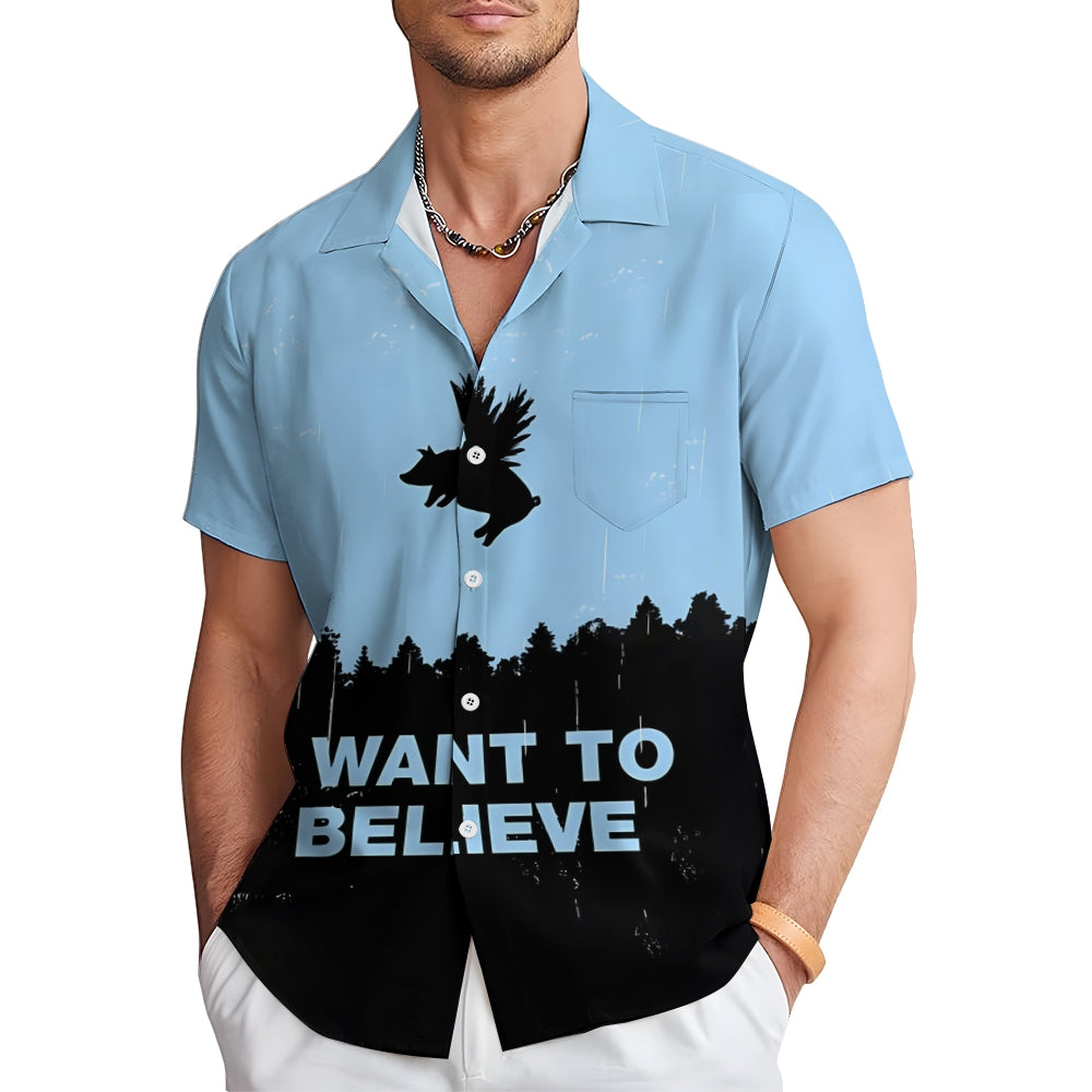 I WANT TO BELIEVE Flying Pig Print Short Sleeve Shirt 2407005314