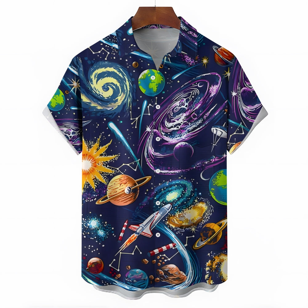 Men's Space Planet Print Casual Short Sleeve Shirt 2404000454