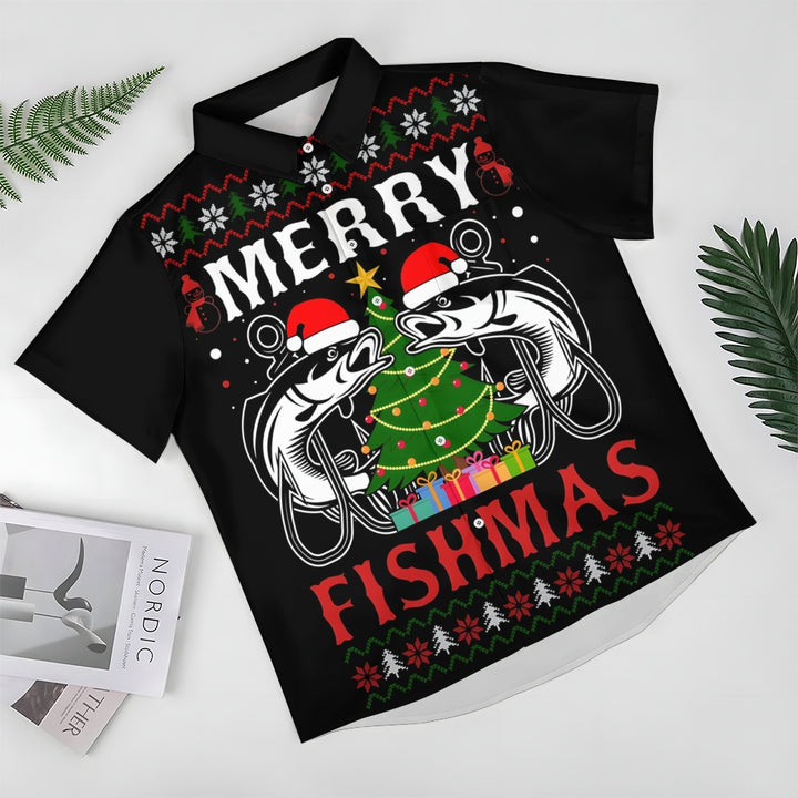 Merry Christmas Fishing Lovers Print Short Sleeve Shirt 2411007854