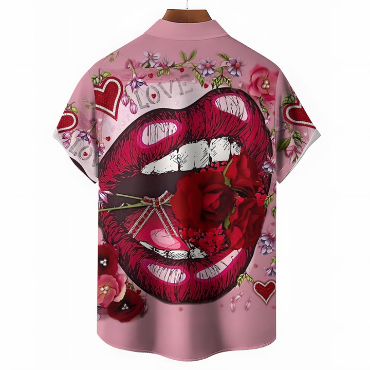 Valentine's Day Rose Lips Casual Short Sleeve Shirt 2412008550