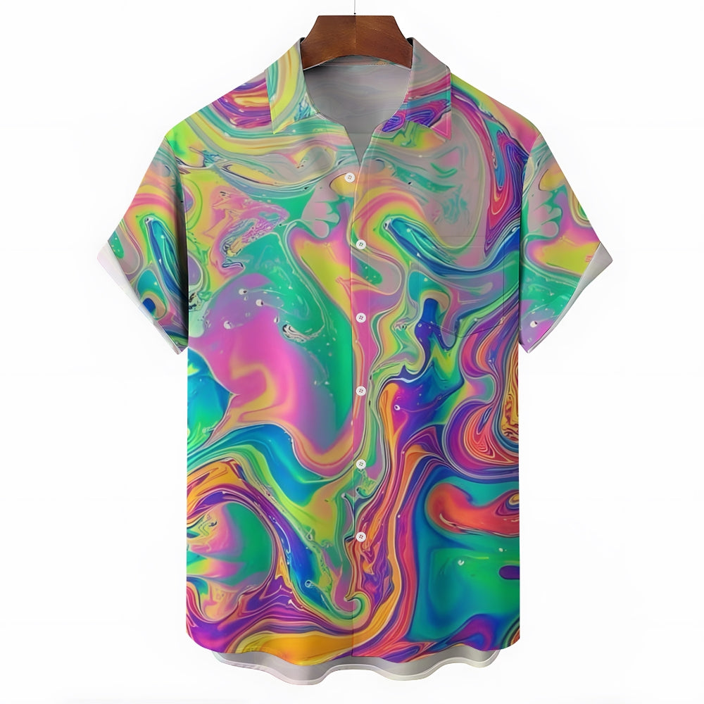 Colorful Fluid Art Print Casual Short Sleeve Shirt 2404001899