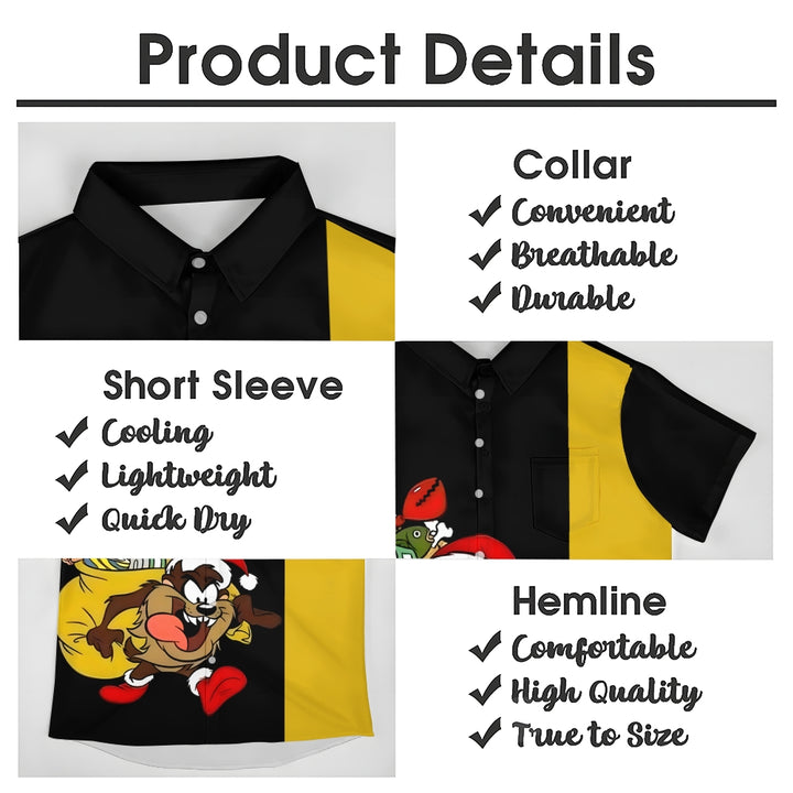 Cartoon Character Christmas Gift Print Chest Pocket Short Sleeve Shirt 2410007970