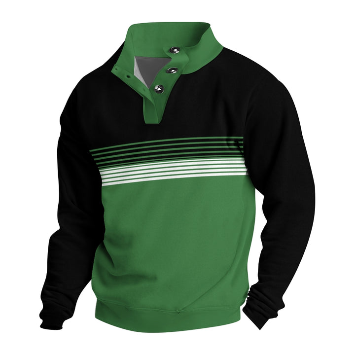 Men's Button Green Stripes Printed Casual Long Sleeve Sweatshirt 2410002470