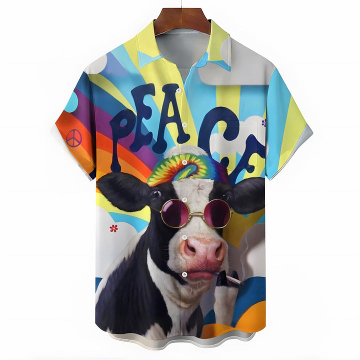 Peaceful Cow Art Print Casual Short Sleeve Shirt 2412009551