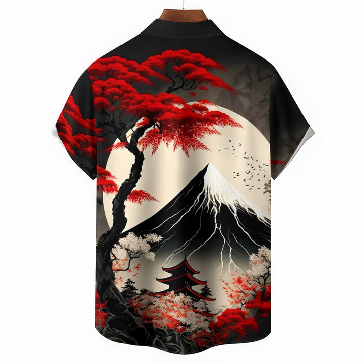 Ukiyo-E Landscape Snow Mountain And Tree Printing Short Sleeve Shirt 2404001930