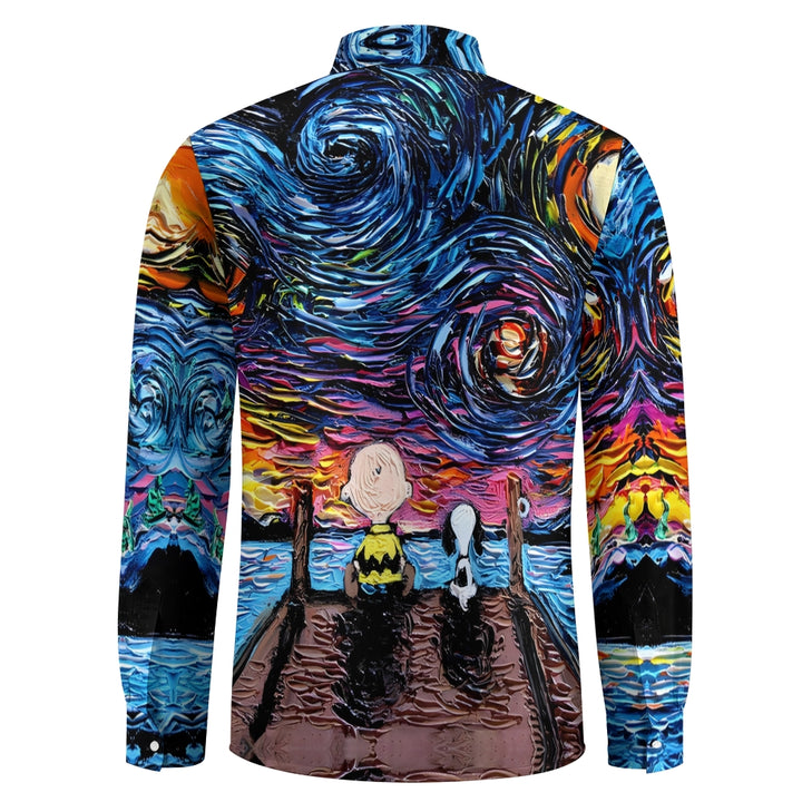 Starry Sky Cartoon Character Casual Printed Long Sleeve Shirt