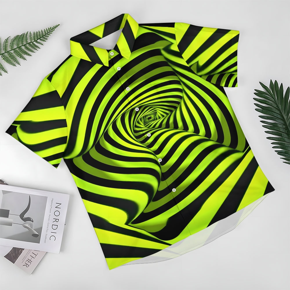 Men's Fluorescent Green Spiral Stripe Print Short Sleeve Shirt 2410008354