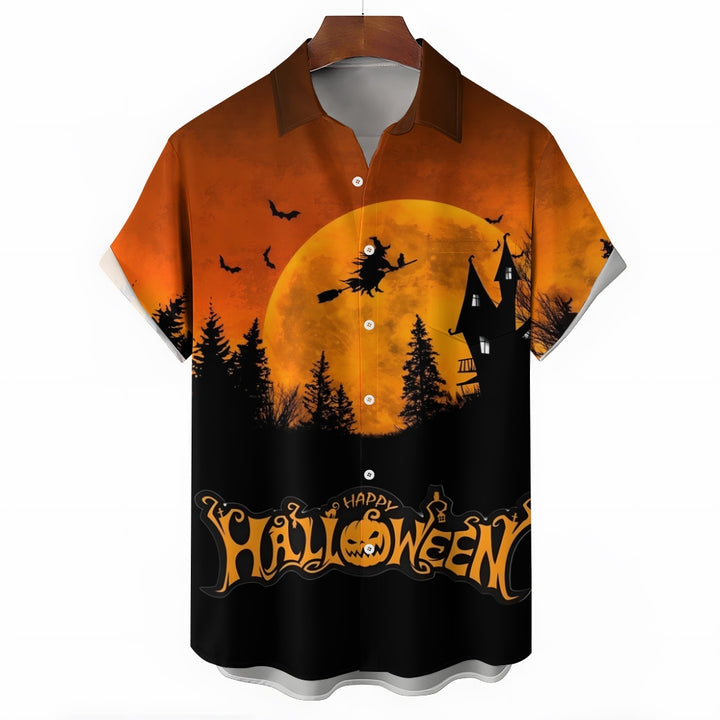 Halloween Flying Witch Print Short Sleeve Shirt 2408007018