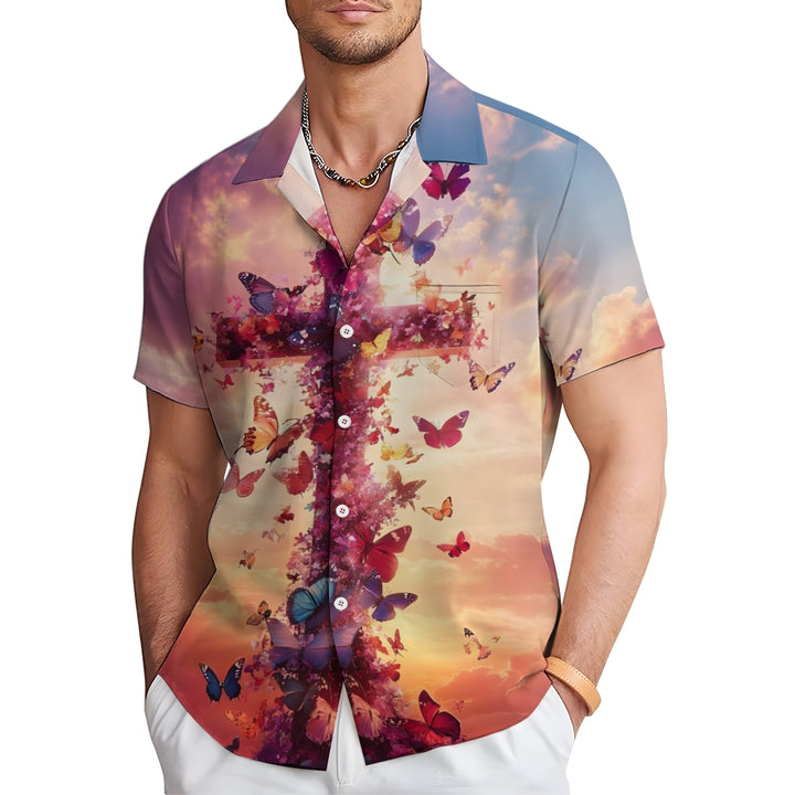 Easter Cross Butterfly Print Short Sleeve Shirt 2412009497