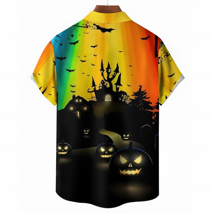 Halloween Castle Print Rainbow Casual Short Sleeve Shirt 2408007709