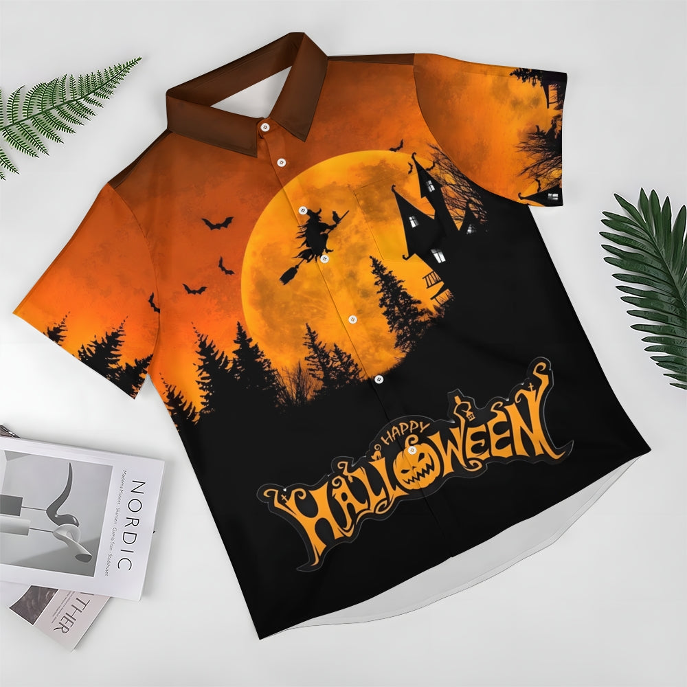 Halloween Flying Witch Print Short Sleeve Shirt 2408007018