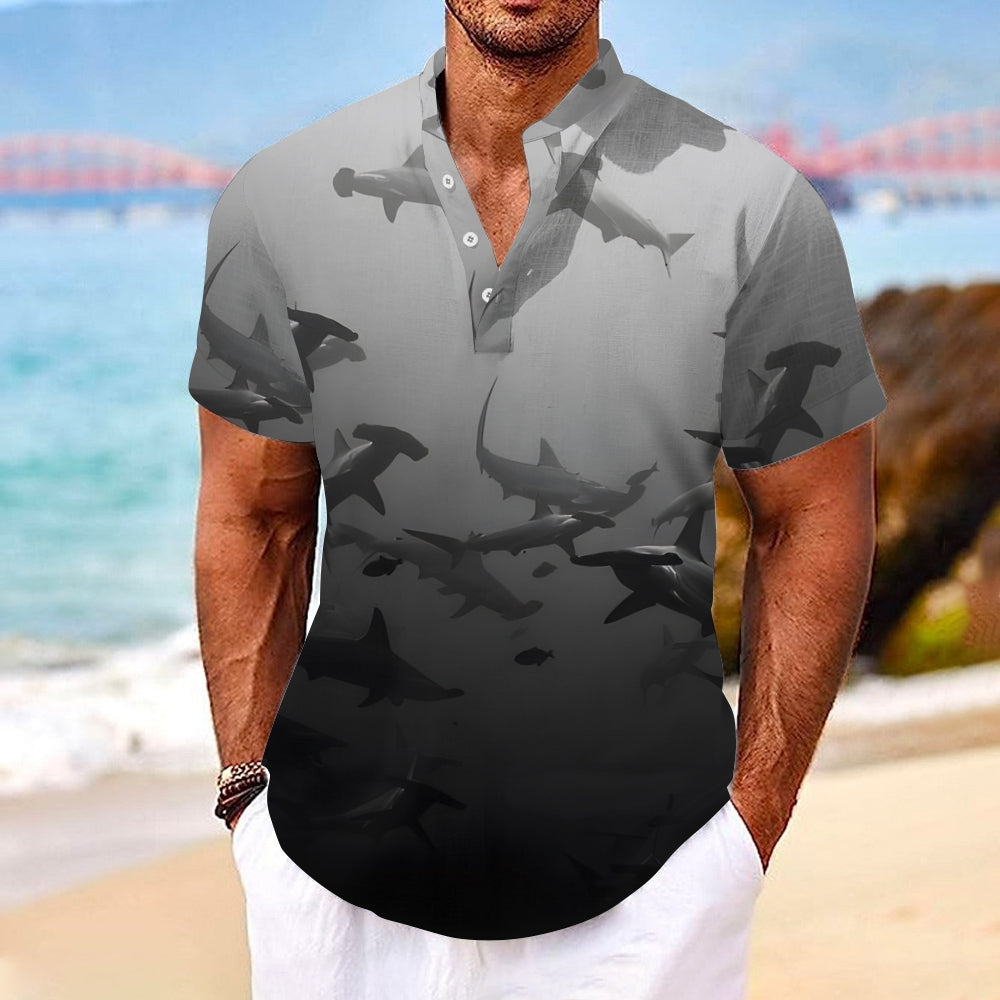 Sphyrna Gradient Print Comfortable And Breathable Short-Sleeved T-Shirt With Linen Stand Collar And Half Placket 2404001735
