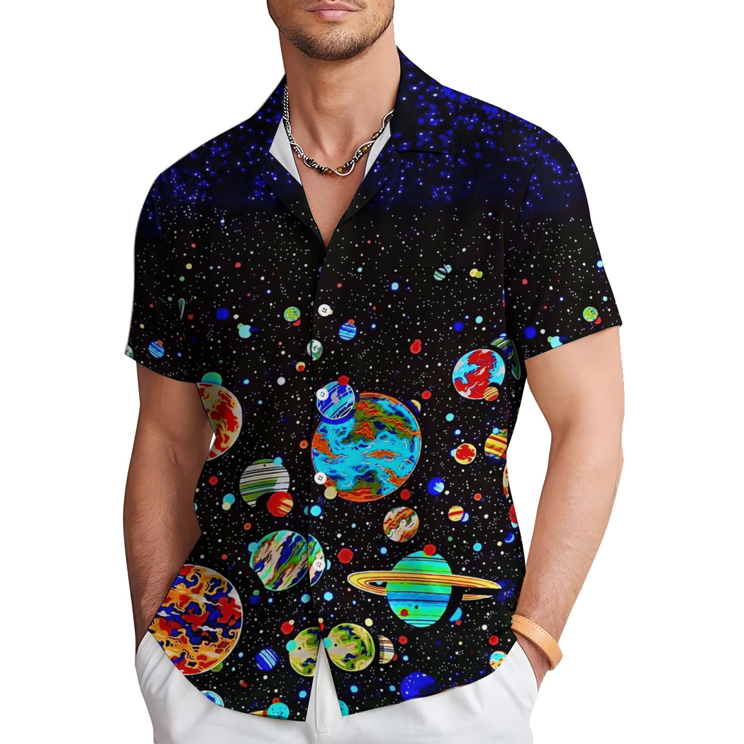 Men's Space Planet Print Casual Short Sleeve Shirt 2404000451